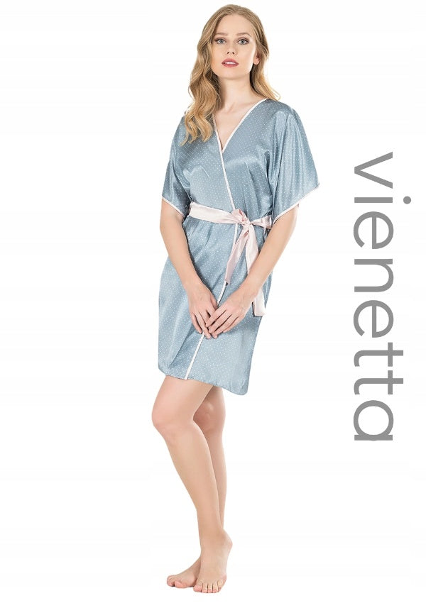 Szlafrok damski Satynowy Vienetta, Pink Dots, Niebieska, r. S-XL