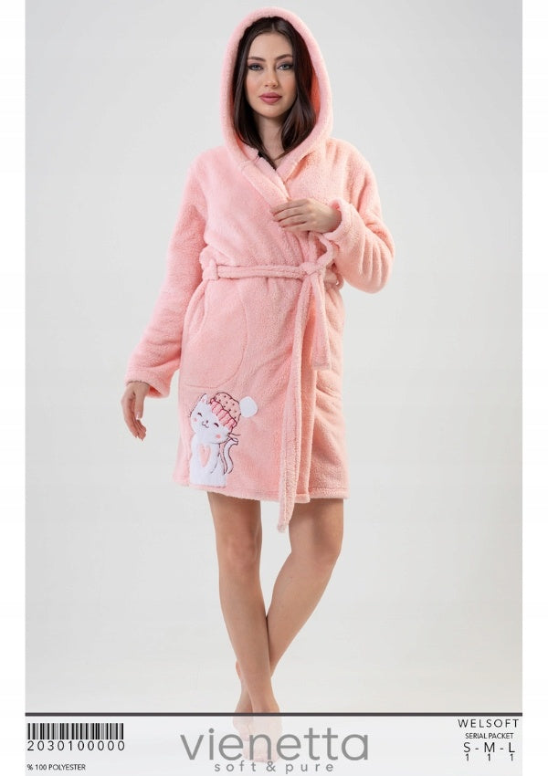Szlafrok damski Vienetta, Cozy Kitty, Różowy, r. S-L