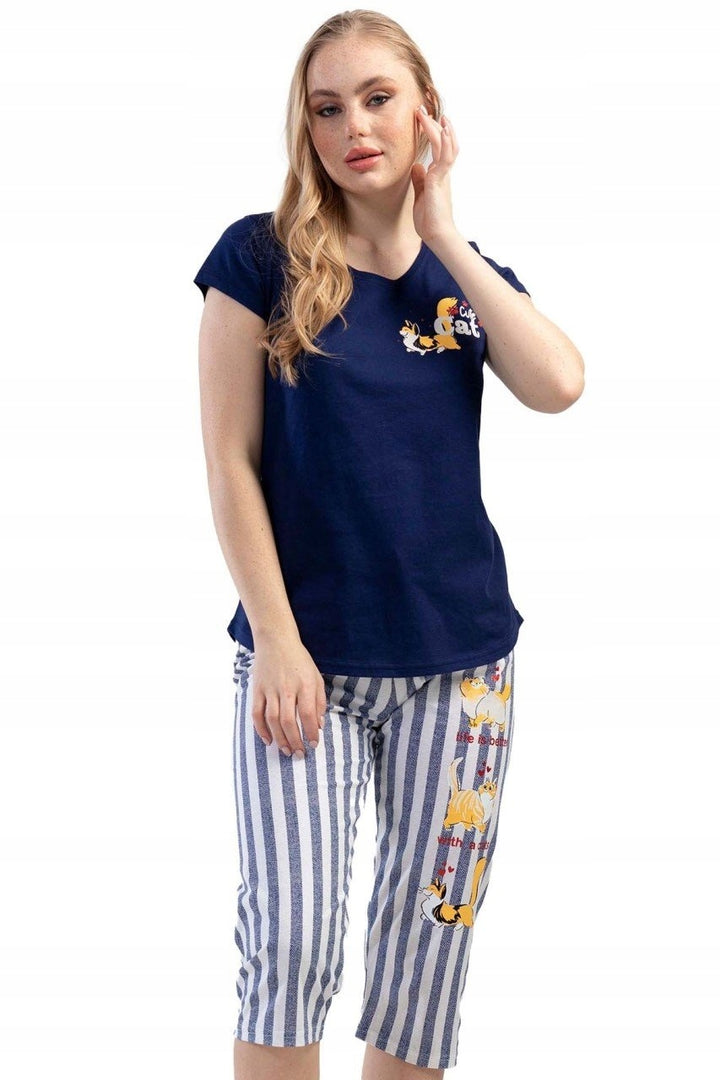 Piżama Damska Vienetta, Cute Cat, Granatowy, r. S-XL