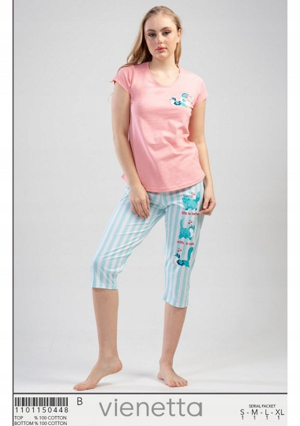 Piżama Damska Vienetta, Life Better with Cats, Różowa, r. S-XL