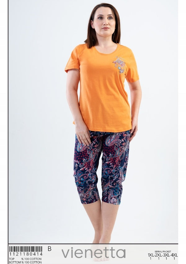 Piżama Damska Vienetta, Floral Dream, Pomarańczowa, r.1XL-4XL