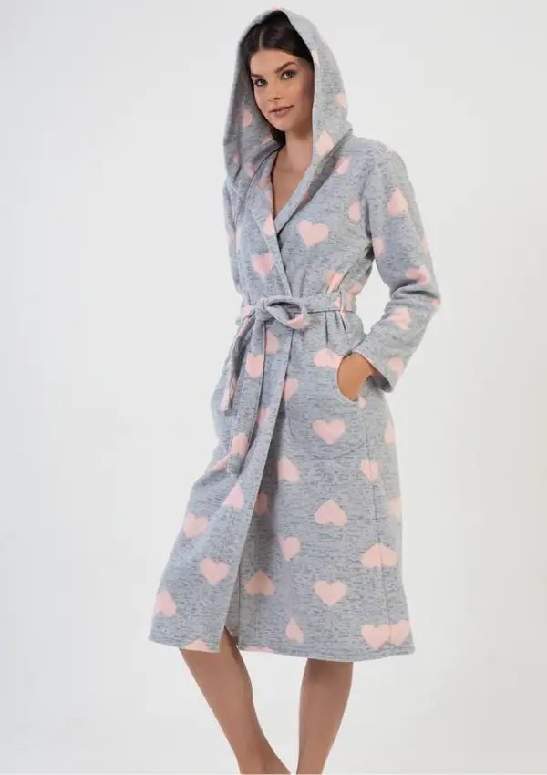 Szlafrok damski polarowy Vienetta, Hearts Comfort, Szary, r. S-XL