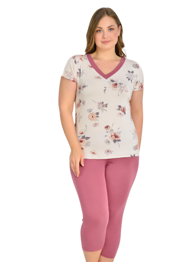 Piżama damska Flower Comfort, Beżowy, r. 2XL-5XL
