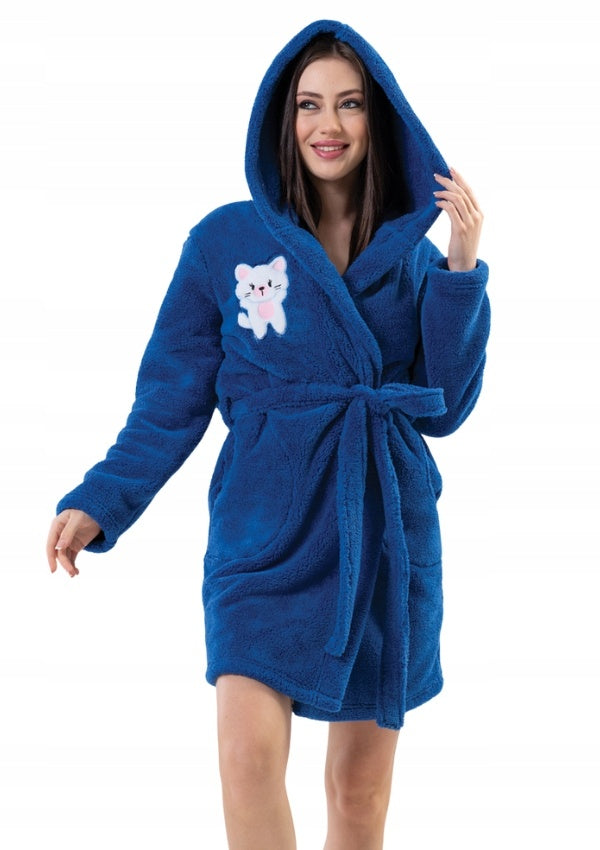 Szlafrok damski Vienetta, Blue Kitty, Granatowy, r. S-L