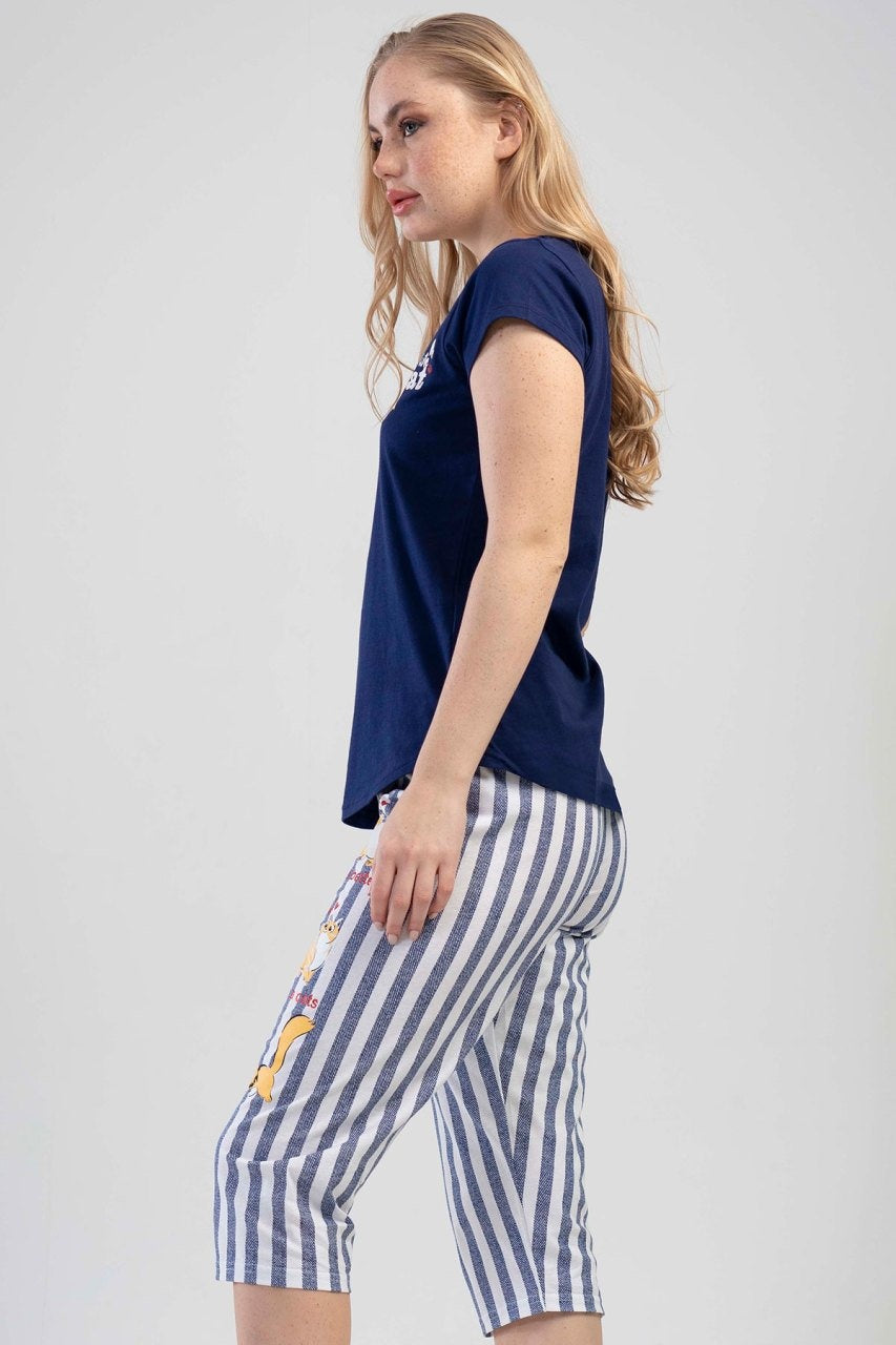 Piżama Damska Vienetta, Cute Cat, Granatowa, r. S-XL