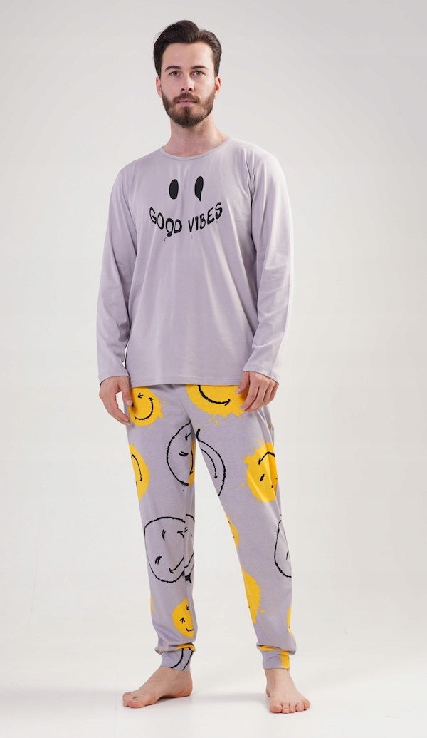 Piżama Męska Vienetta, Good Vibes, Szara, r. S-XL