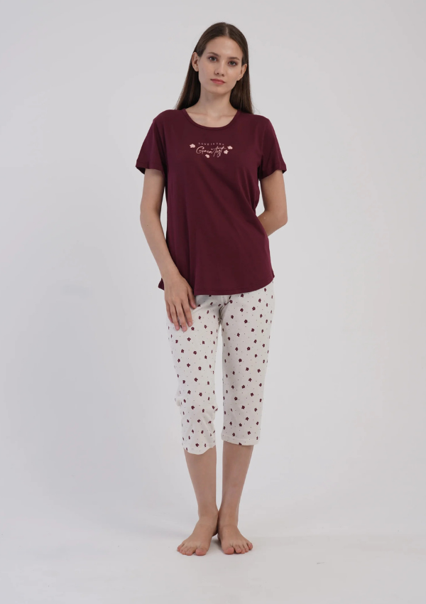 Piżama Damska Vienetta Burgundy Floral, Bordowy, r. M-XXL