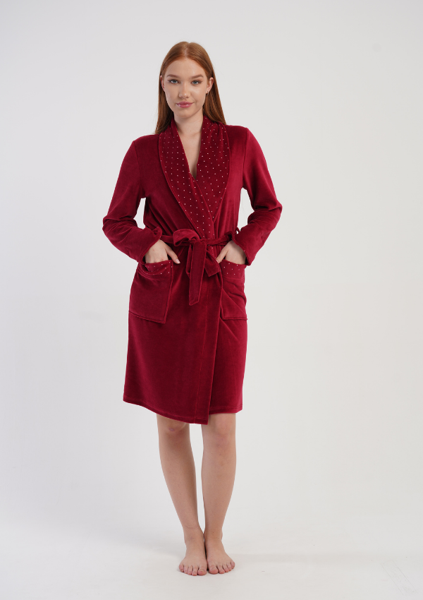 Szlafrok damski Welurowy Vienetta Royal Dots, Bordowy, r. M-XXL