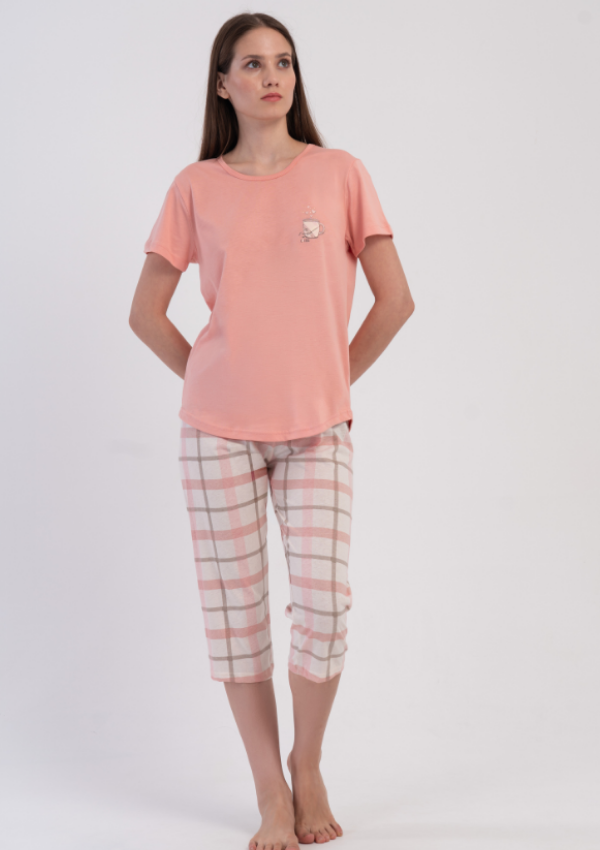Piżama Damska Vienetta Plaid Coffee, Różowy, r. M-XXL