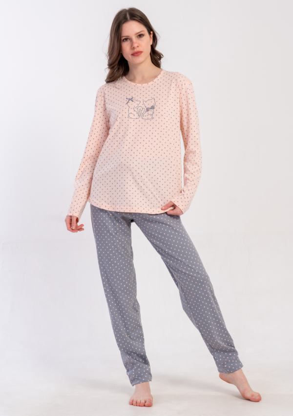 Piżama Damska Vienetta, Grey Kitty Dots, Różowy, r. S-XL