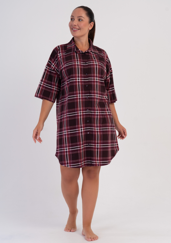 Koszula Nocna Damska Vienetta Check Button, Bordowy, r. 1XL - 4XL