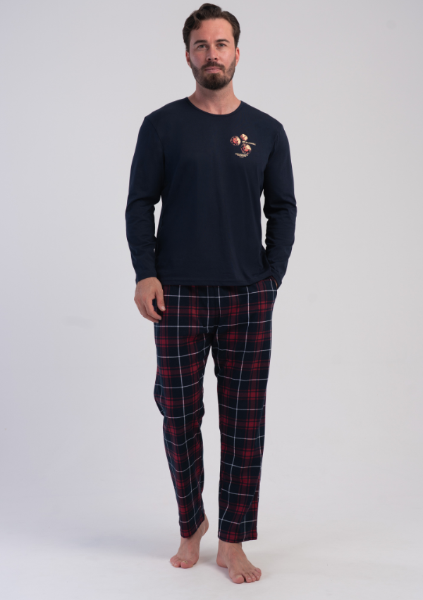 Piżama Męska Vienetta Navy-Burgundy Check, Granatowy, r. 1XL-4XL