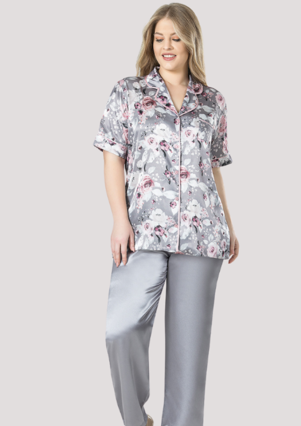 Piżama damska satynowa Vienetta, Silver Satin, Szary, 1XL - 3XL