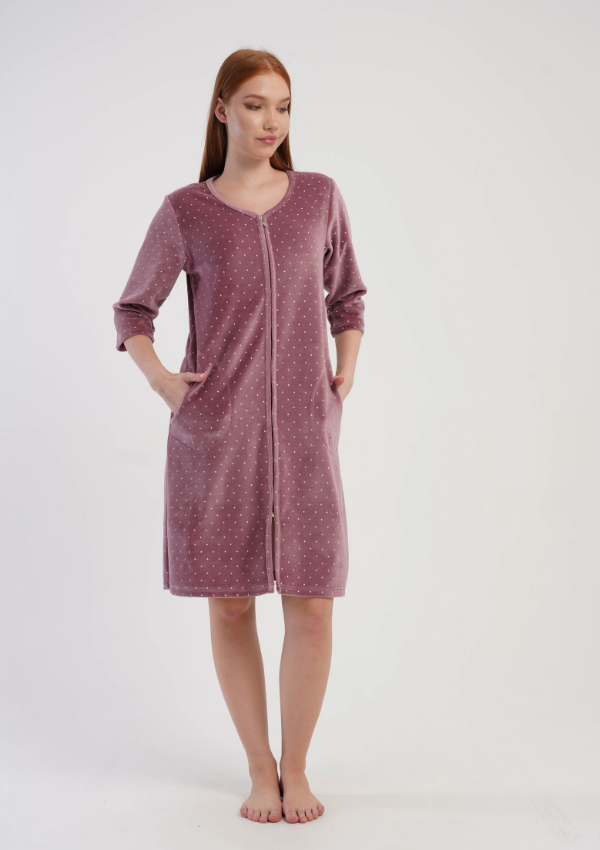 Szlafrok damski Welurowy Vienetta Dotty Velour, Różowy, r. M-XXL