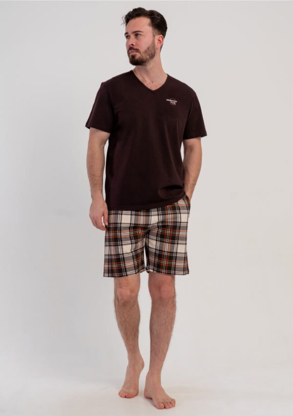 Piżama Męska Vienetta Brown Check Comfort, Brązowy, r. M-XXL