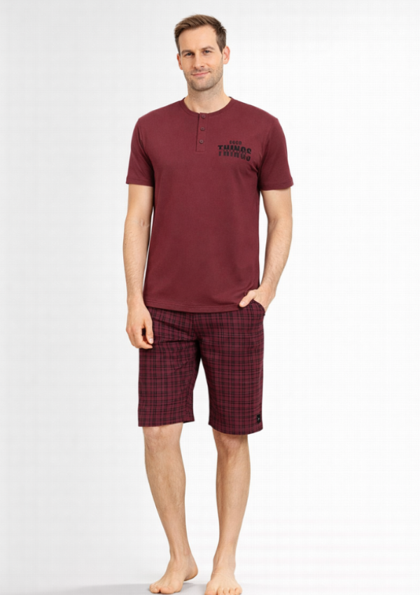 Piżama Męska Burgundy Check Set, Bordowy, r. M-XL