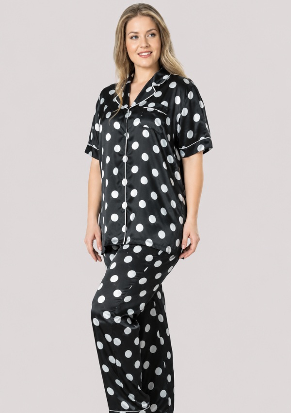 Piżama damska satynowa Vienetta, Dot Satin, Czarny, 1XL - 3XL