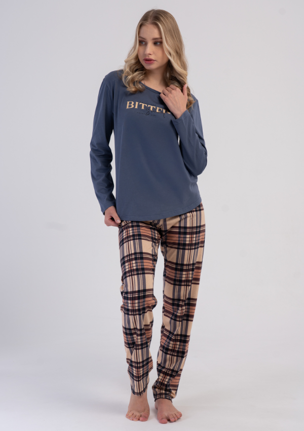 Piżama Damska Vienetta Cozy Check, Niebieski, r. S-XL