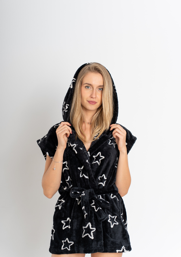 Szlafrok damski Vienetta, Gold Stars, Czarny, r. Onesize