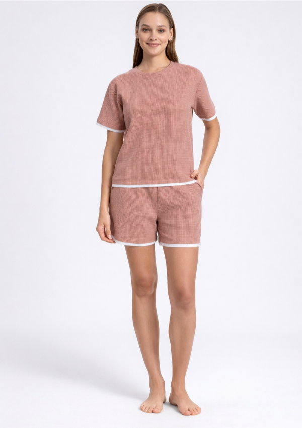 Piżama Damska Pink Waffle Set, Różowy, M-XL