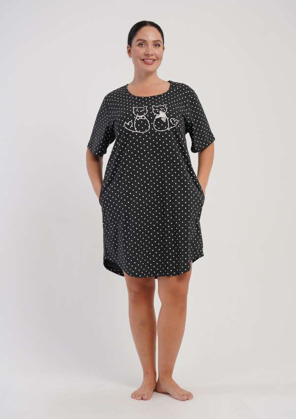 Koszula Nocna Damska Vienetta Lovely Cats, Grafitowy, r. 1XL - 4XL