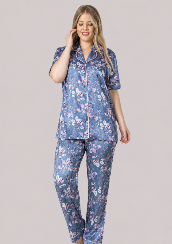 Piżama damska satynowa Vienetta, Blossom Satin, Niebieski, 1XL - 3XL