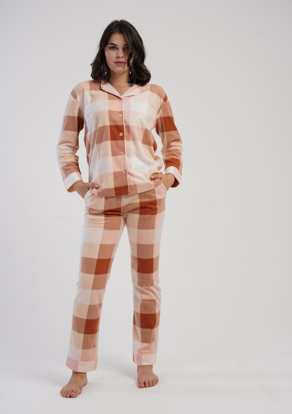 Piżama Damska Vienetta Cozy Plaid, Brzoskwiniowy, r. S-XL