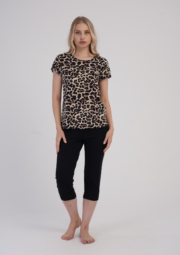Piżama Damska Vienetta Leopard Capri, Beżowy, r. S-XL