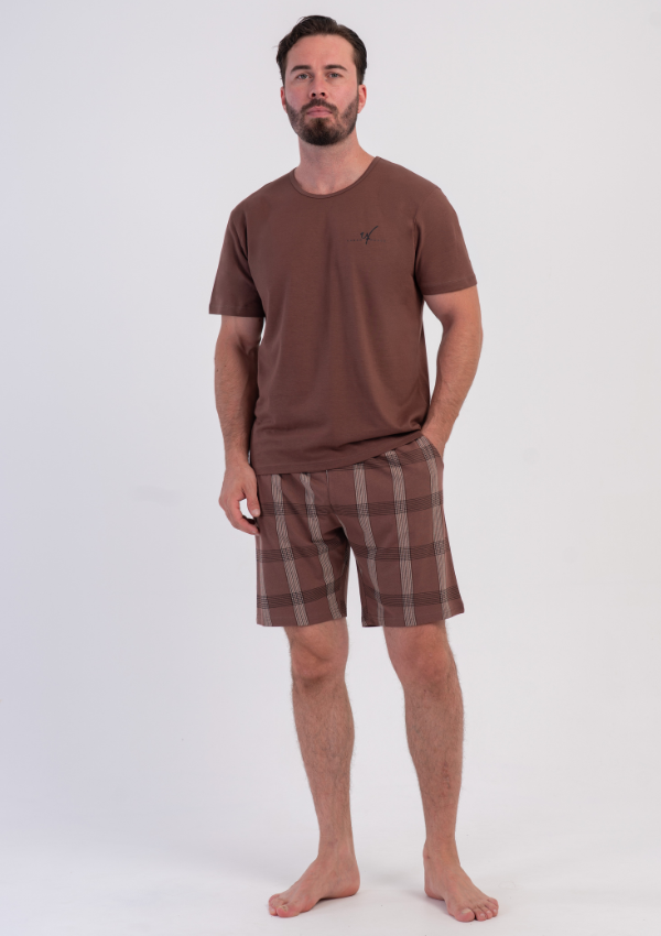 Piżama Męska Vienetta Check Summer, Brązowy, r. 1XL-4XL