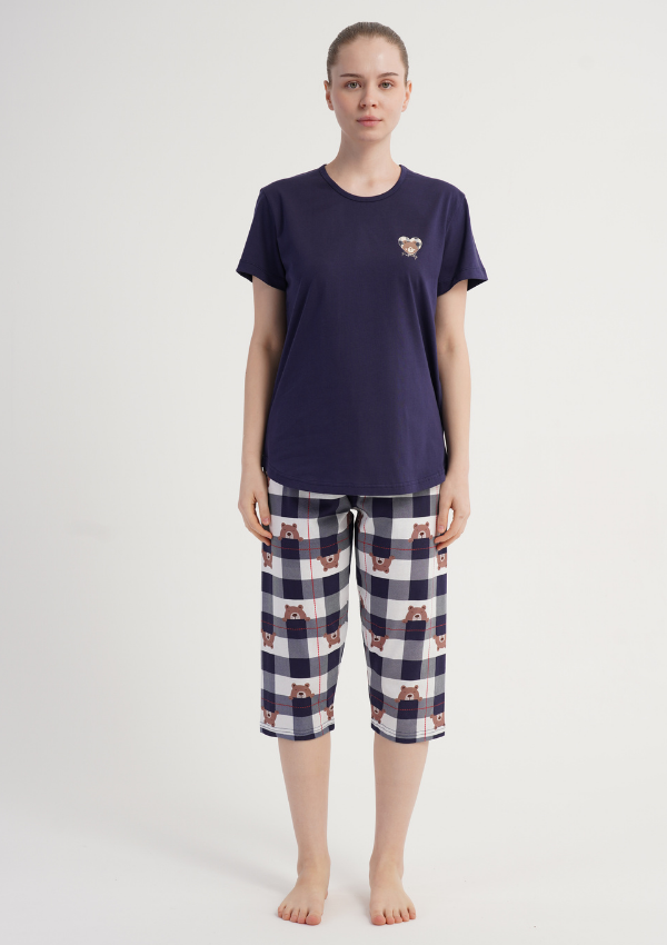 Piżama Damska Vienetta Bear Check, Granatowy, r. M-XXL