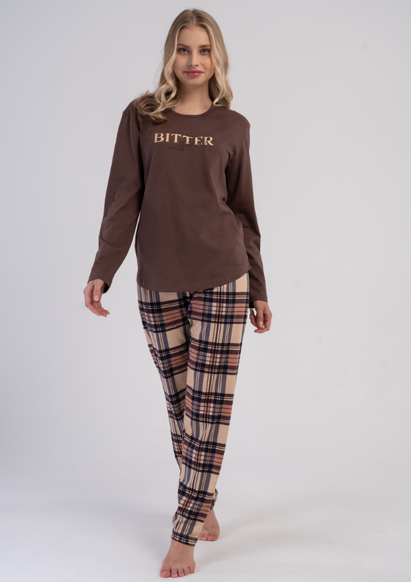 Piżama Damska Vienetta Cozy Check, Brązowy, r. S-XL