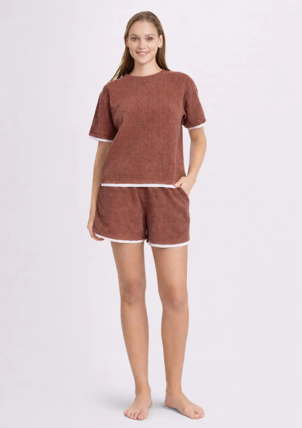 Piżama Damska Brown Waffle Set, Brązowy, M-XL