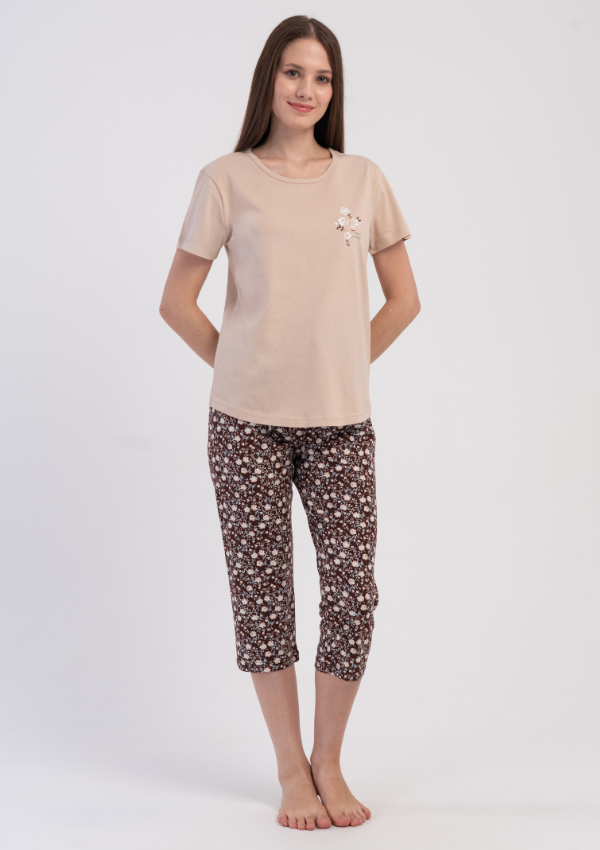 Piżama Damska Vienetta Beige Floral, Beżowy, r. M-XXL