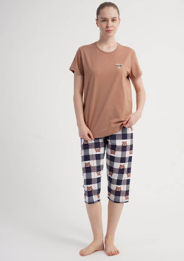 Piżama Damska Vienetta Bear Check, Beżowy, r. M-XXL