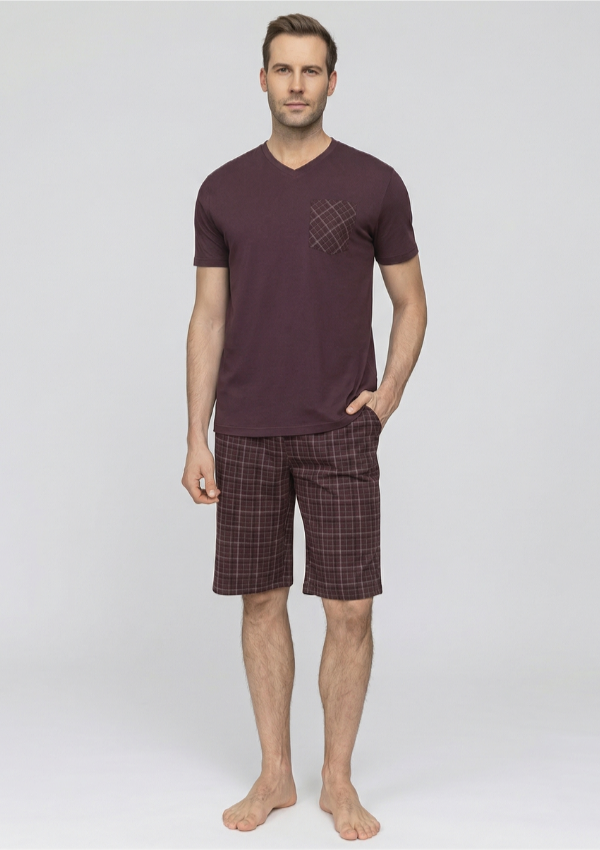 Piżama Męska Burgundy Check, Bordowy, r. M-XL