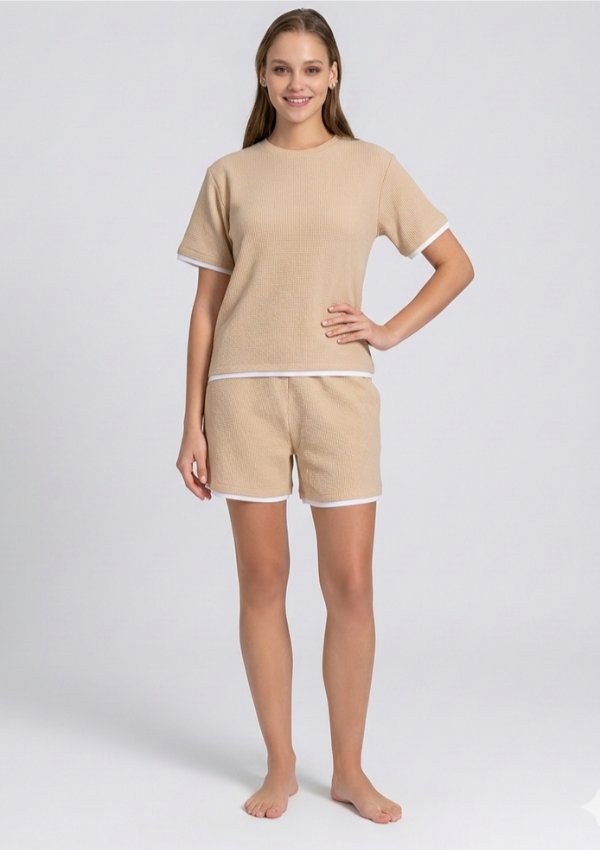 Piżama Damska Beige Waffle Set, Beżowy, M-XL