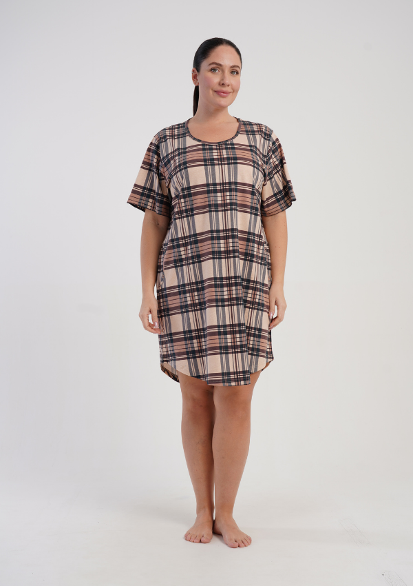 Koszula Nocna Damska Vienetta Classic Check, Brązowy, r. 1XL - 4XL