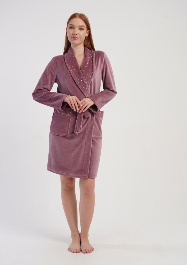 Szlafrok damski Welurowy Vienetta Royal Dots, Śliwkowy, r. M-XXL