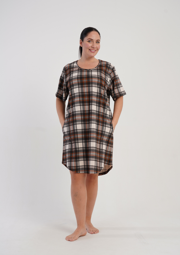 Koszula Nocna Damska Vienetta Classic Check, Brązowy, r. 1XL - 4XL