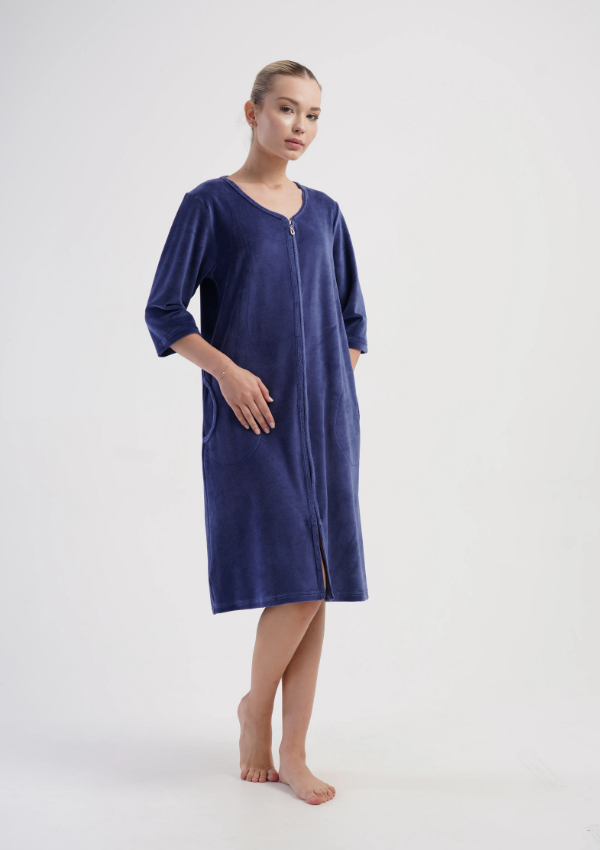 Szlafrok damski Welurowy Vienetta Navy Velour, Granatowy, r. M-XXL