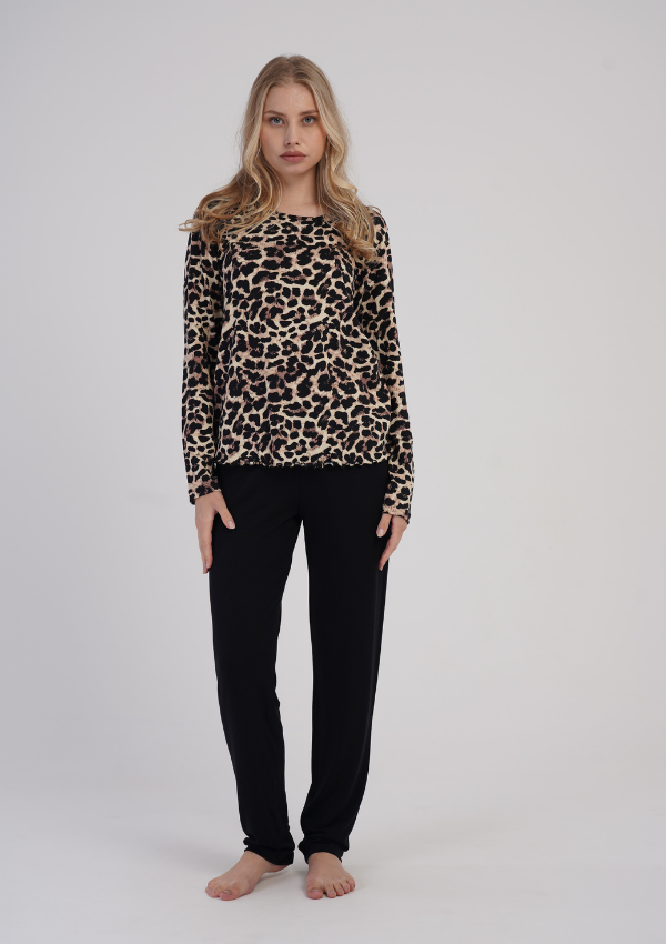 Piżama Damska Vienetta Leopard Lounge, Beżowy, r. S-XXL