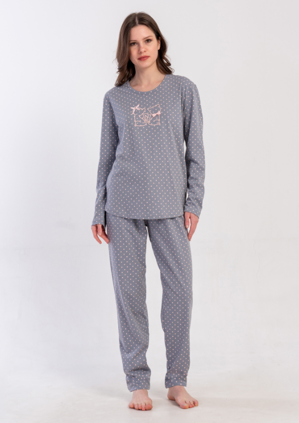 Piżama Damska Vienetta, Grey Kitty Dots, Szary, r. S-XL