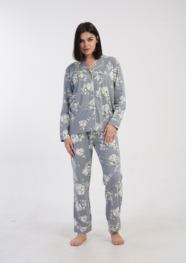 Piżama Damska Vienetta Soft Flowers, Szary, r. M-XXL