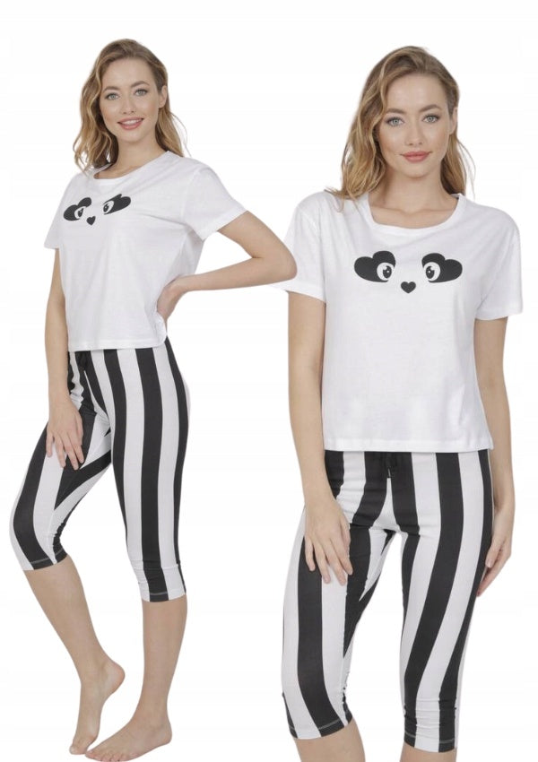 Piżama Damska Vienetta Smiley Sleepwear, biało-czarna, r. S-L