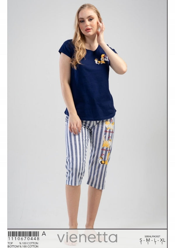 Piżama Damska Vienetta, Cute Cat, Granatowa, r. S-XL