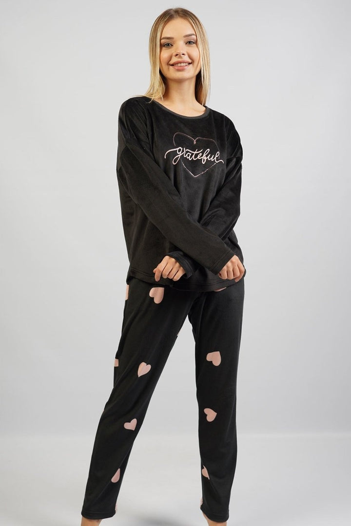 Piżama Damska Vienetta, Grateful Hearts, Czarna, r. S-XL image 1