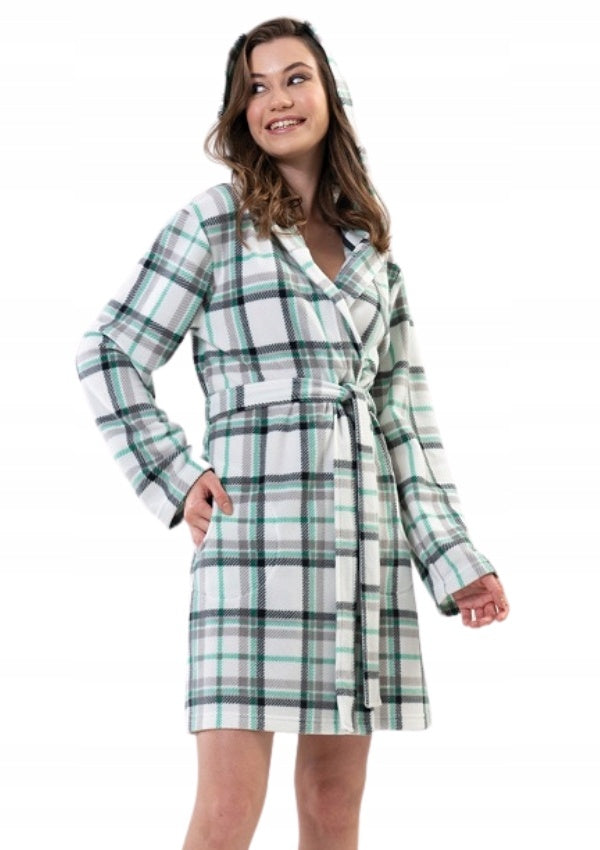 Szlafrok damski Vienetta, Green Grid, Biała, r. S-XL