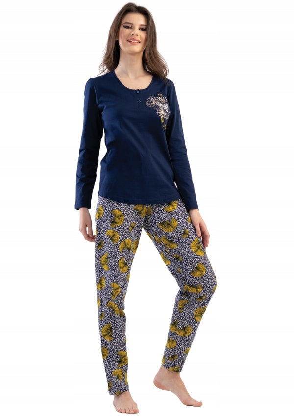 Piżama Damska Vienetta, Yellow Flower, Granatowy, r. M-XXL