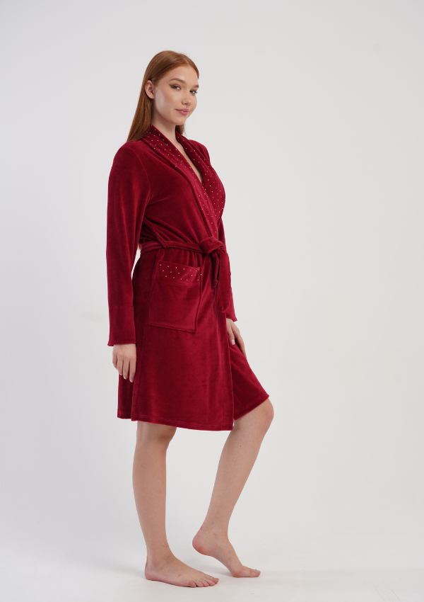 Szlafrok damski Welurowy Vienetta Royal Dots, Bordowy, r. M-XXL