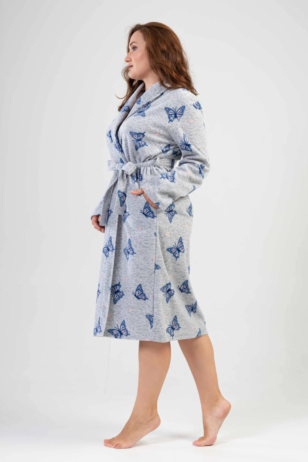 Szlafrok damski polarowy Vienetta Butterfly, Szary, r. 1XL-4XL